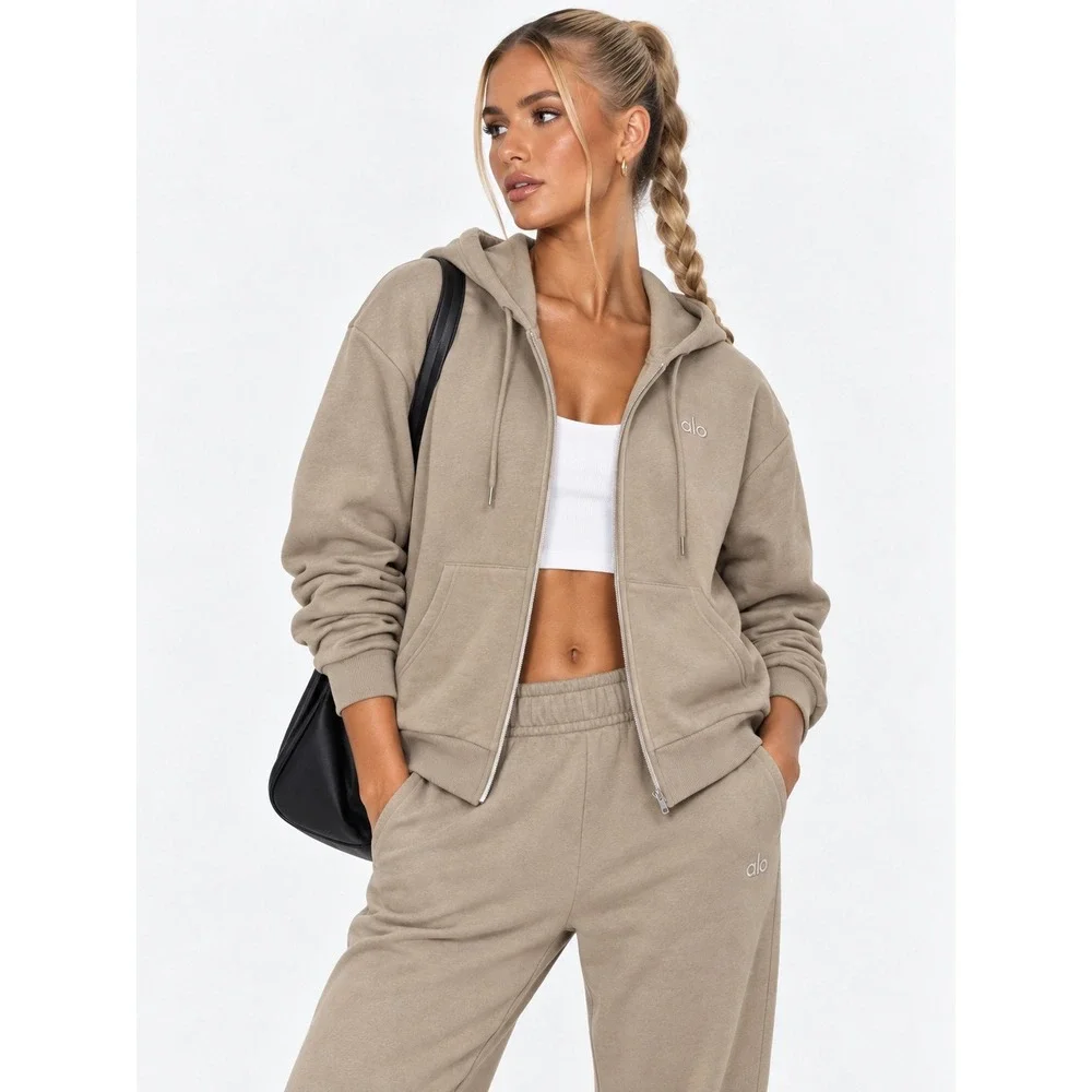 Alo Yoga Accolade Full Zip Hoodie Gravel Tan Brown S NWT New
